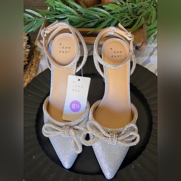 a new day Shoes - NWT a new day Silver Glitter Bow Pointed Toe Ankle Strap Flats Size 6.5